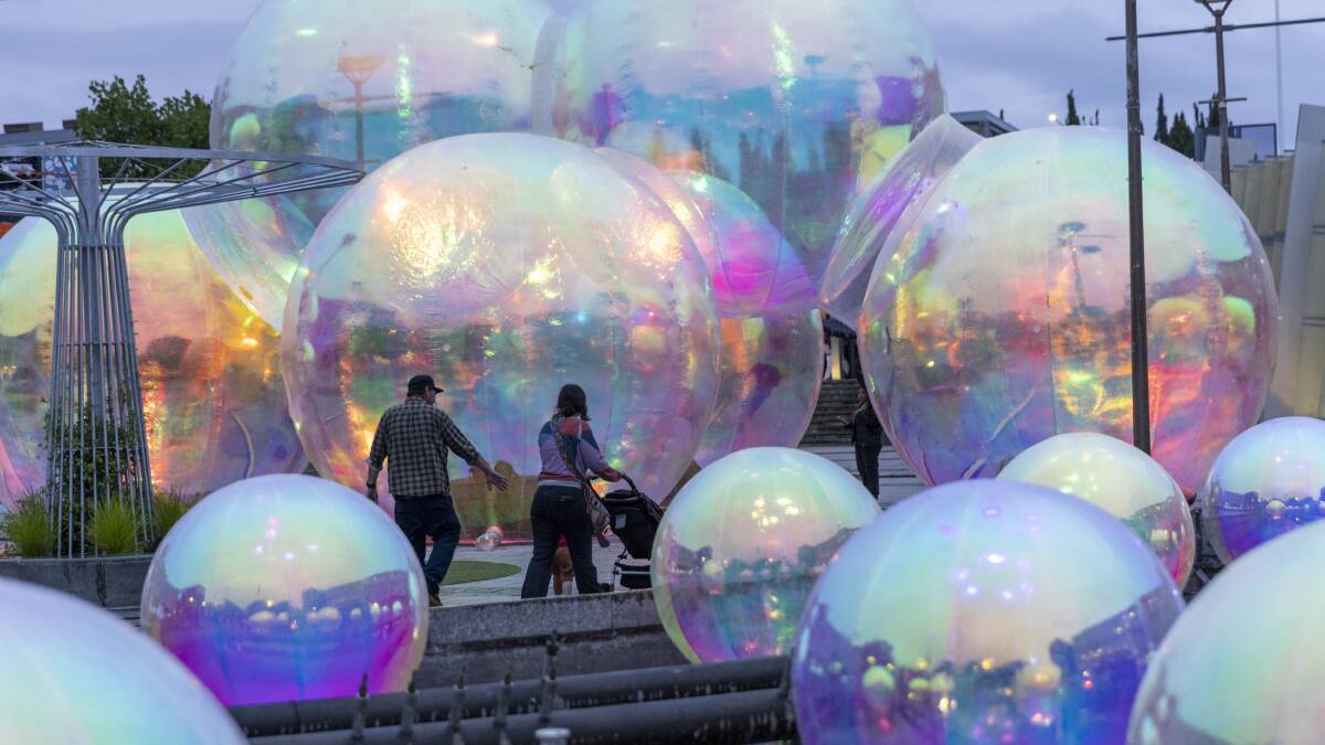 Illuminated bubbles outside the Capital Theatre during the Enlighten festival in Canberra. Picture: Keegan Carroll