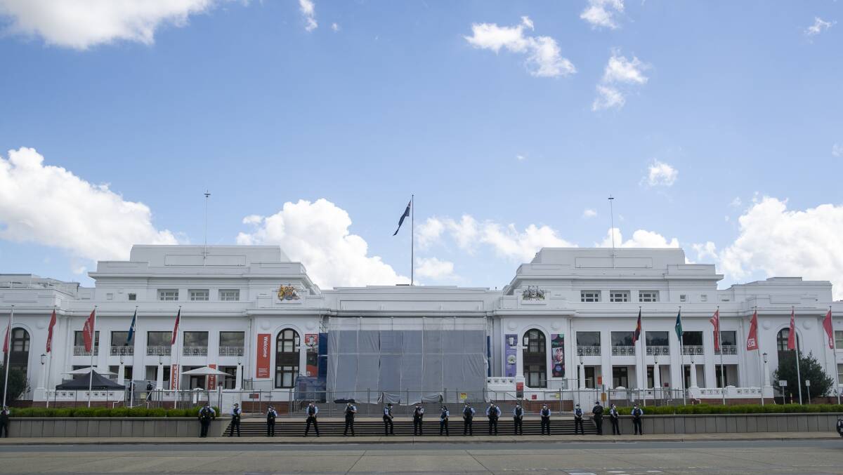 Police line to protect Old Parliament house. Picture: Keegan Carroll