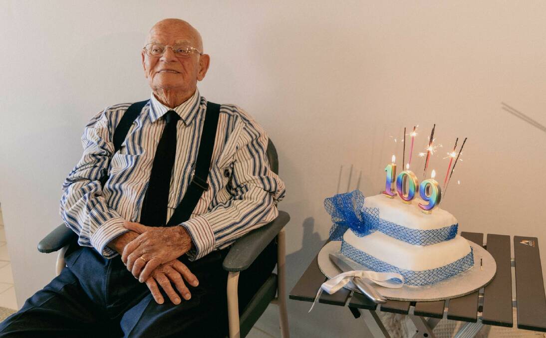 Frank Mawer, Australia's oldest man, on his 109th birthday on August 15, 2021. Picture supplied