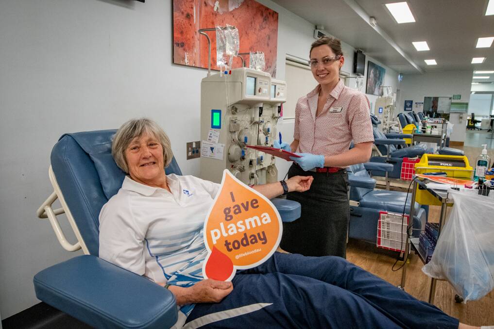 Geraldine Brown of Hillwood prepares to give her 248th donation, with RN Jenna Sommerville at the Launceston Donor Centre. Picture: Paul Scambler 
