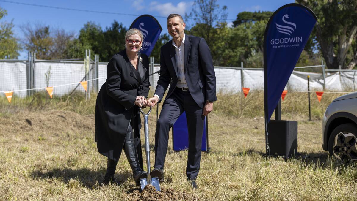 Goodwin Aged Care chair Liesel Wett and Manteena CEO Mark Bauer at the sod-turning event in Downer. Picture by Gary Ramage