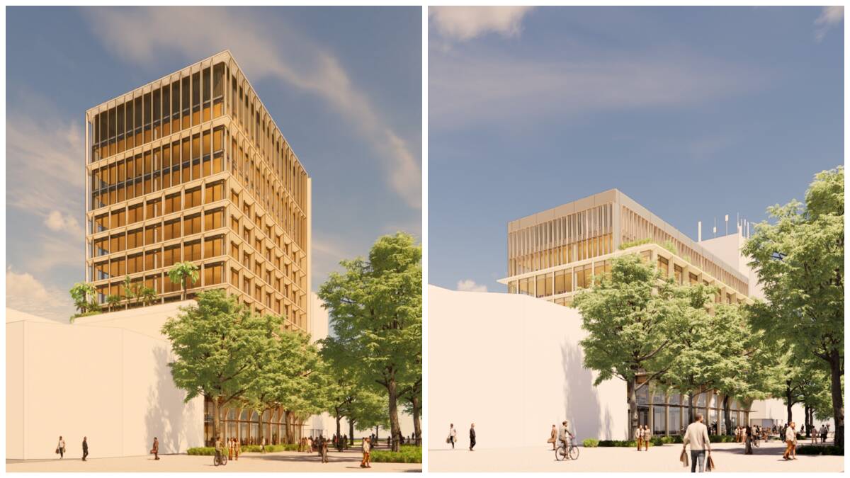 NDH Property has revised its original plan for 13-storey office building in Civic (left) to an eight-storey building instead. Pictures Stewart Architecture