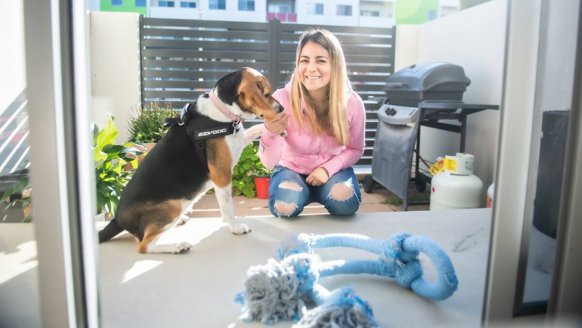 Canberra renter Jennyfer Castellanos, pictured with her dog Morita, supports the idea of more build-to-rent developments, one of the ACT government's budget measures. Picture: Karleen Minney