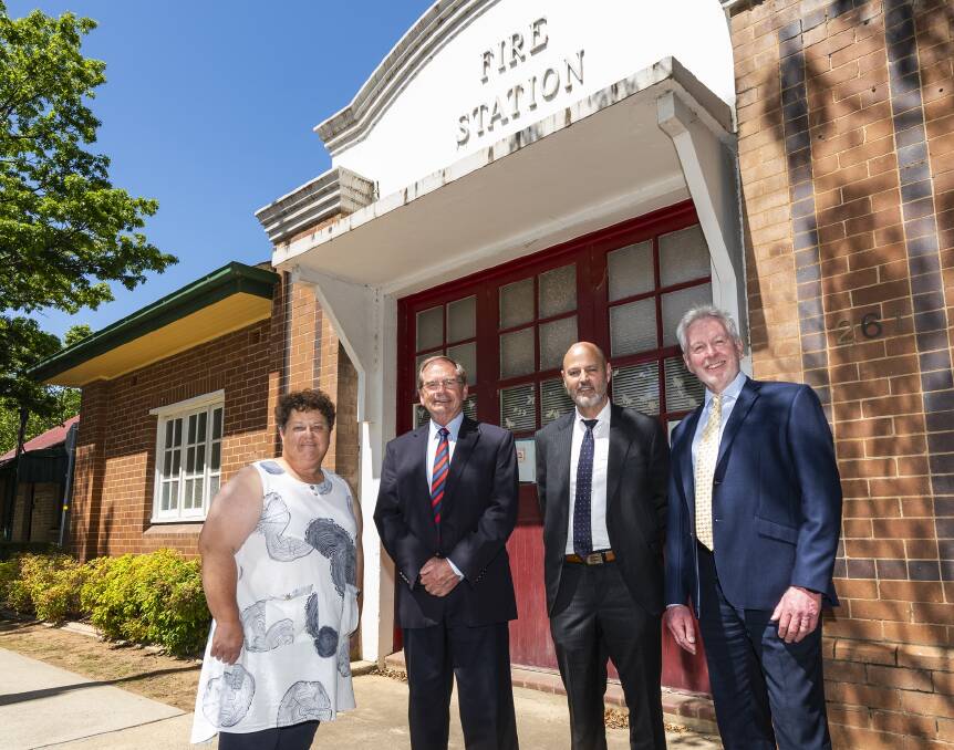 QPRC councillor Trudy Taylor, outgoing Queanbeyan mayor Tim Overall, Village Building CEO Vince Whiteside and QPRC CEO Peter Tegart outside the heritage-listed fire station in Queanbeyan. Picture: Supplied