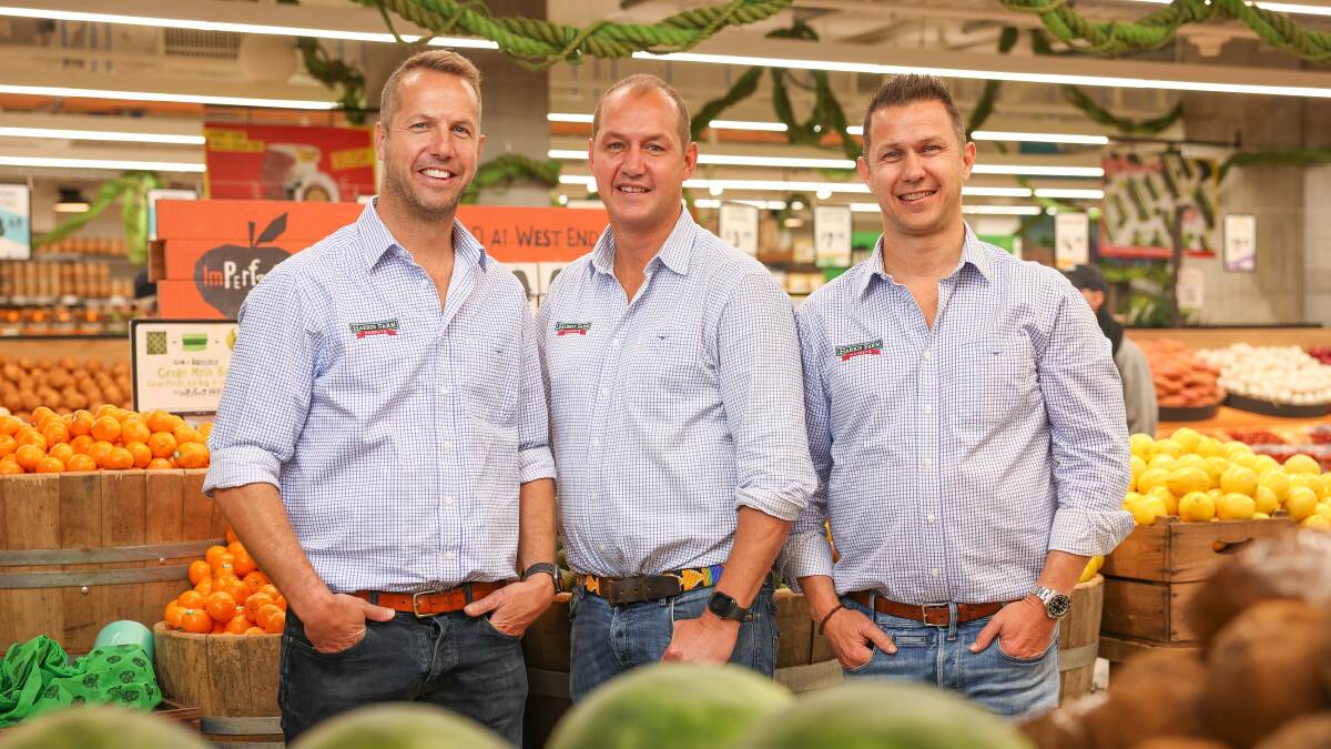 Harris Farm Markets co-CEOs and brothers Angus, Luke and Tristan Harris. Picture: Supplied