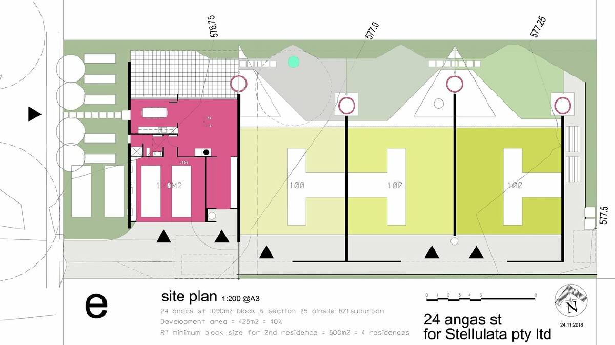 Stellulata design plans from 2019 show the communal space, Sallee House, in pink and the three attached living units in shades of green. Picture: Stellulata Cohousing