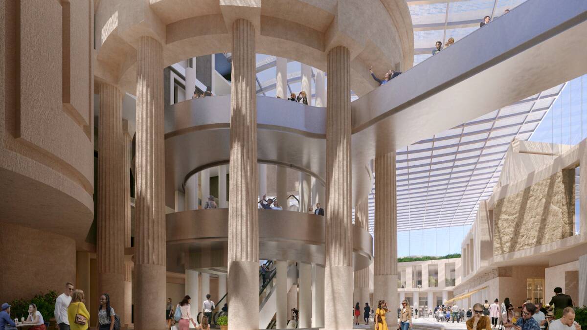 Shops and restaurants will be housed among towering columns, taking inspiration from Greek gathering places. Picture supplied