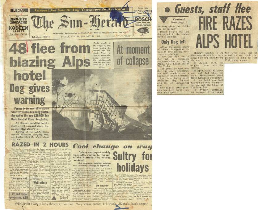 Newspaper reports from January, 1960 when the original Sundeck Hotel burnt down. Picture Perisher Historical Society