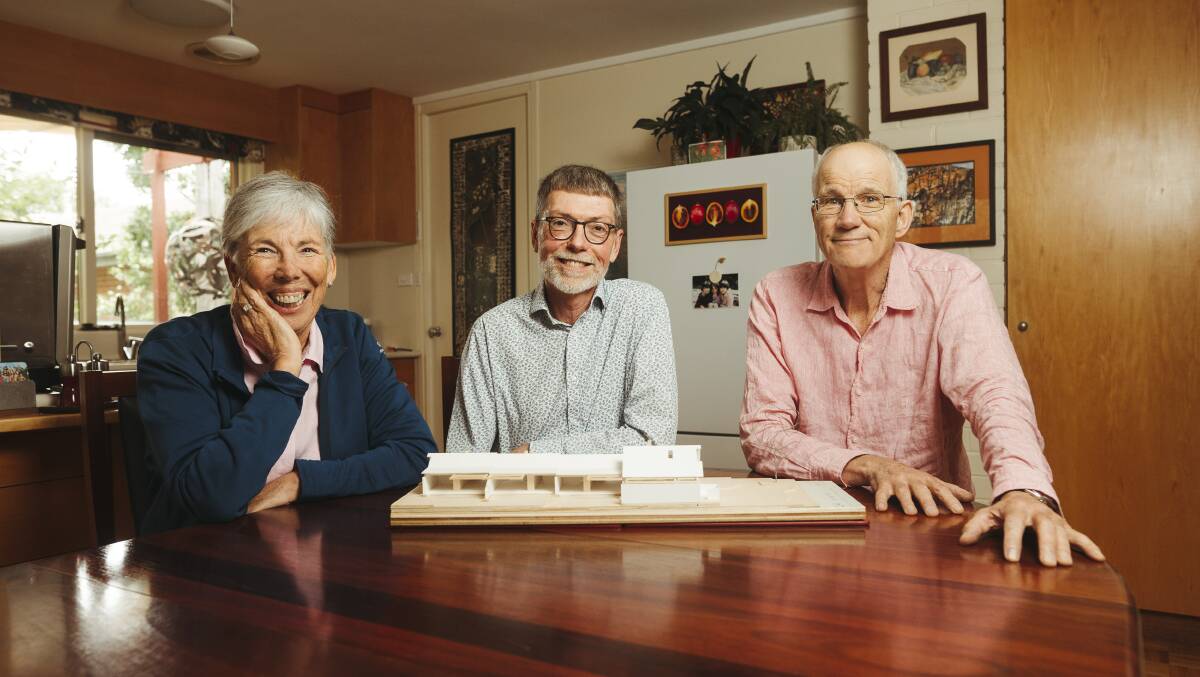 Inner-north residents Trish Macdonald, Ian Ross, and Joss Haiblen are one step closer to building their co-housing development in Ainslie following a variation to the Territory Plan. Picture: Dion Georgopoulos 