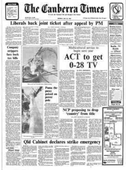 The front page of The Canberra Times on this day in 1982. 