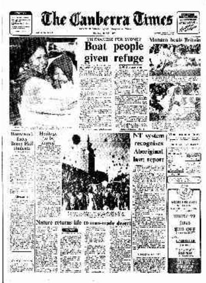 The front page of The Canberra Times on this day in 1977.
