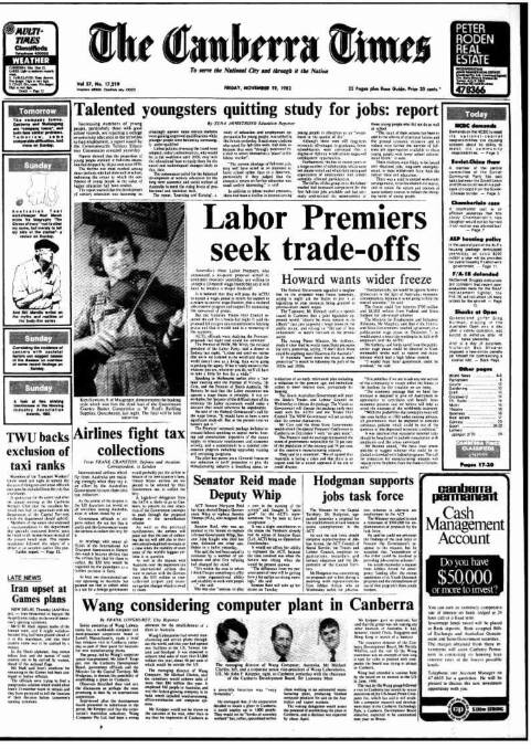 The front page of The Canberra Times on November 19, 1982.