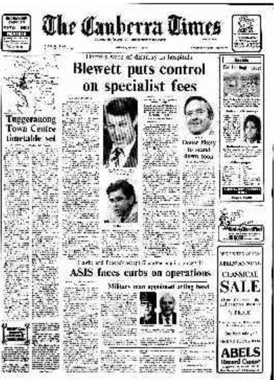 The front page of The Canberra Times on this day in 1984.