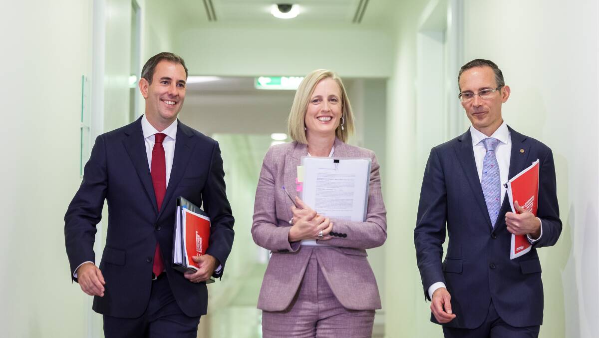 Shadow Treasurer Jim Chalmers, Senator Katy Gallagher, and Member for Fenner Andrew Leigh at Parliament House on Wednesday. Picture: Sitthixay Ditthavong