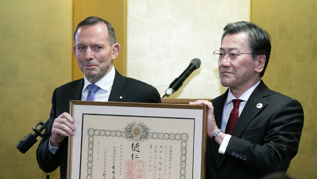 Former prime minister Tony Abbott and Japan's ambassador to Australia Shingo Yamagami. Picture: Sitthixay Ditthavong