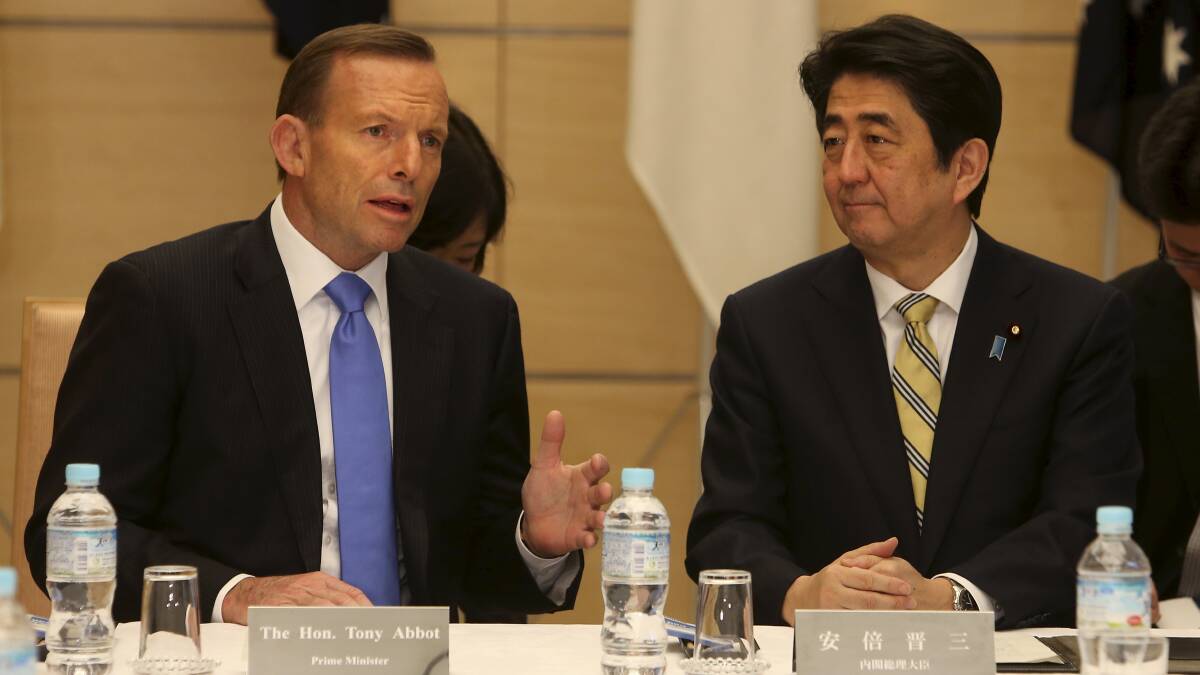 Former prime minister Tony Abbott with Japanese PM Shinzo Abe in 2014. Picture: Kym Smith