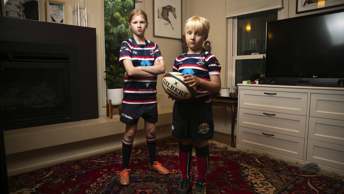 Easts junior rugby players Nela Whiteman, 10, and Luke Whiteman, 7. Picture: Keegan Carroll