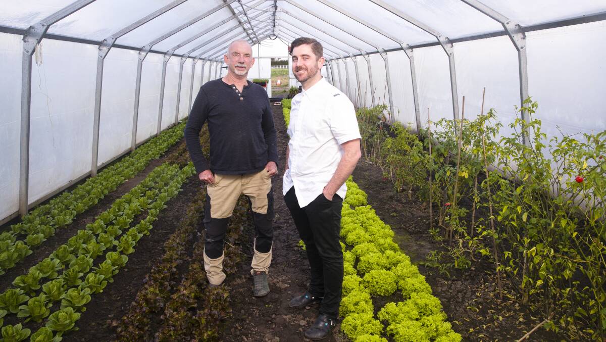 Executive chef Mark Glenn and head gardener Peter Anderson of Pialligo Estate. Picture: Keegan Carroll
