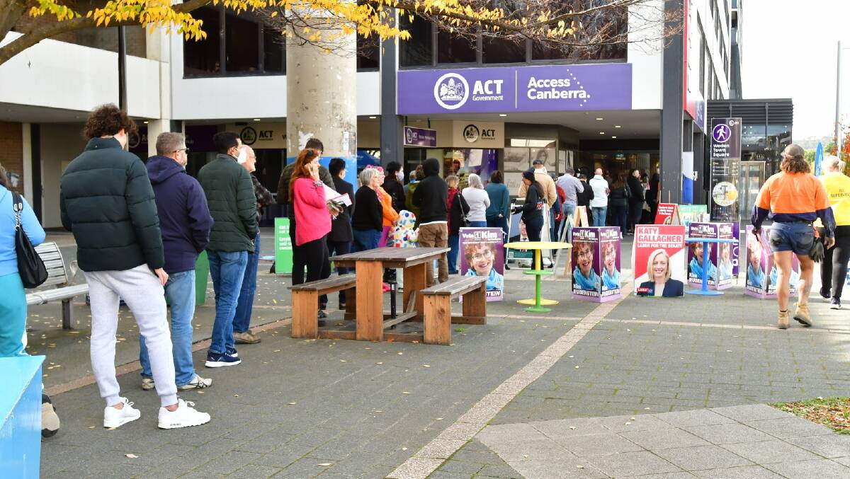 The line for pre-polling in Woden. Picture: Elesa Kurtz