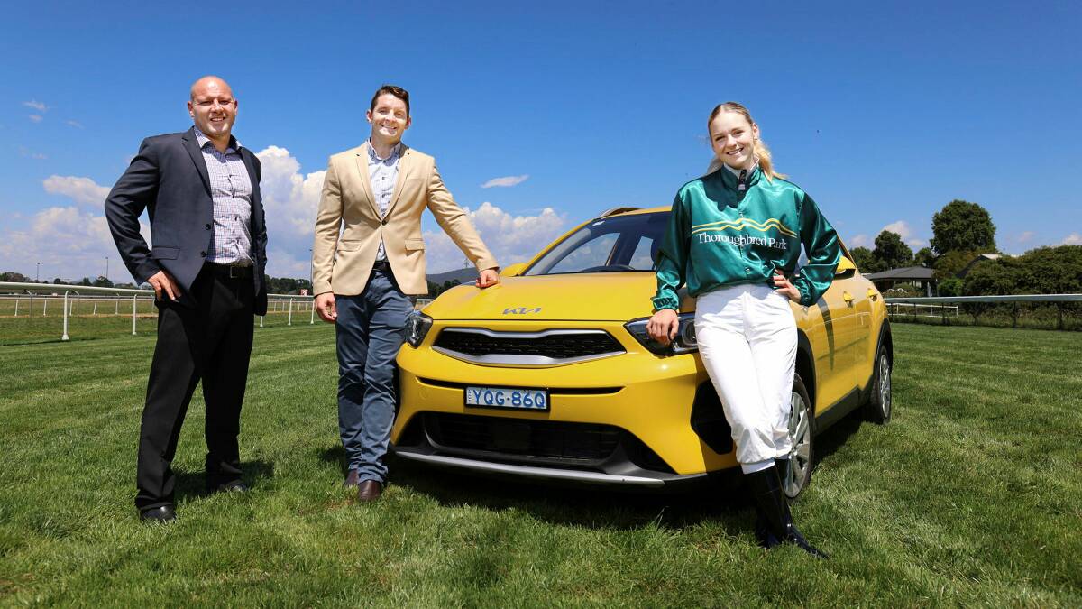 Trainer Todd Smart, Canberra Raiders captain and Thoroughbred Park ambassador Jarrod Croker and apprentice jockey Rochelle Wedrat-Kroezen at Thoroughbred Park with the Kia Stonic up for grabs. Picture by James Croucher