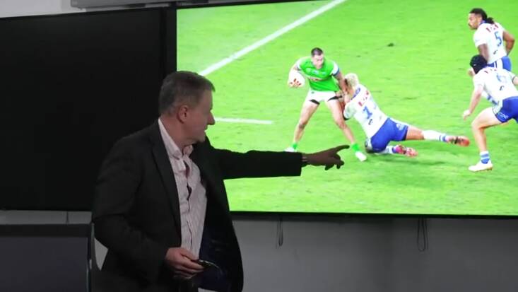 Annesley points to Kikau's legs not landing on Cotric. Picture NRL