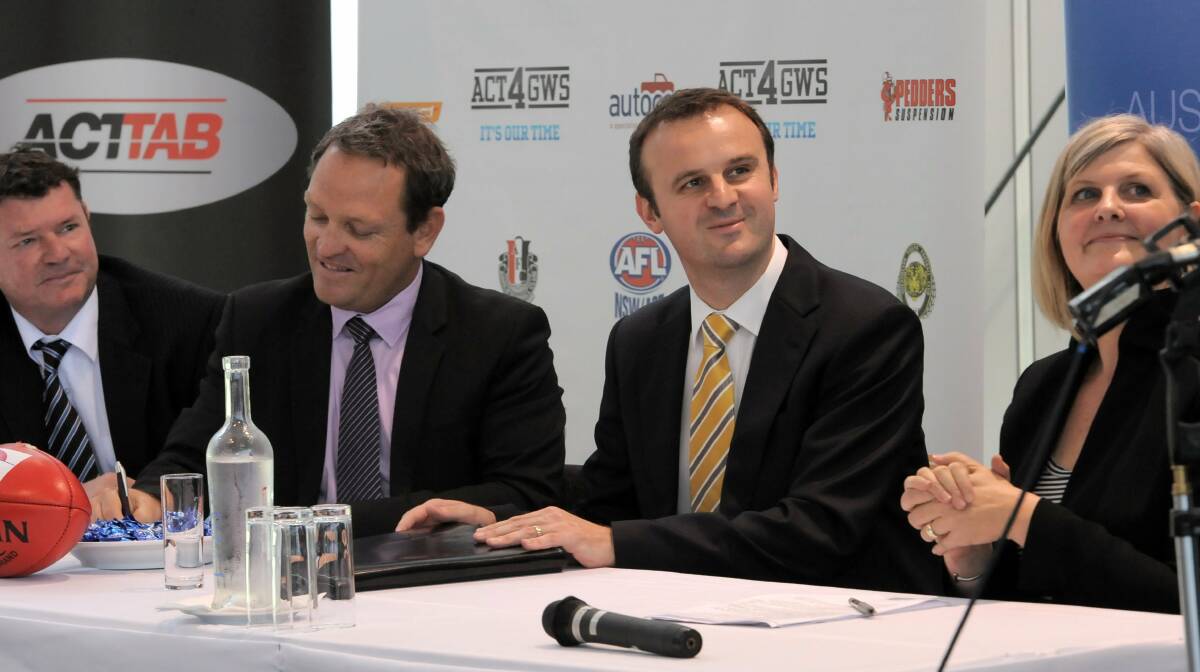 Then ACT Sports Minister Andrew Barr announcing the 10-year deal. Picture: Graham Tidy.