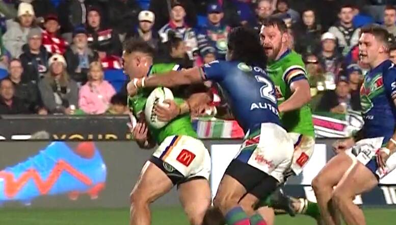 Seb Kris copped a glancing blow as he attempted to score a try. Picture Fox Sports