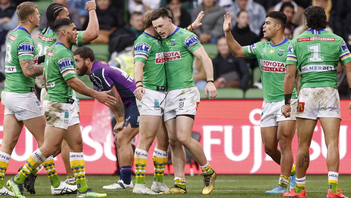 James Schiller celebrates a try against Melbourne Storm. Picture: Getty Images