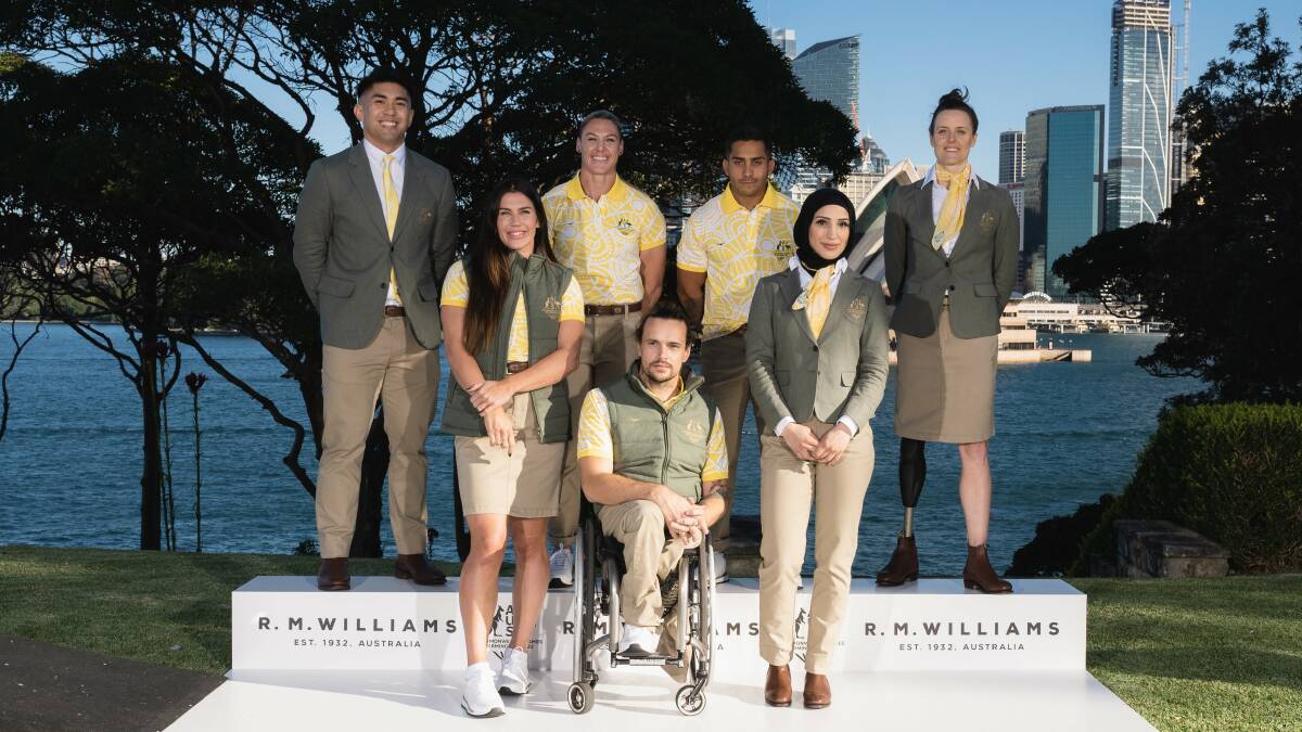 Sharni William with fellow Commonwealth Games athletes at the launch of R.M. Williams' Australian team ceremonial uniform. Picture: Supplied.