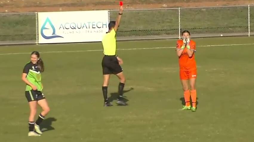 Belconnen's first fill-in goalkeeper Reilly Yuen is shown red against Canberra United Academy. Picture BarTV
