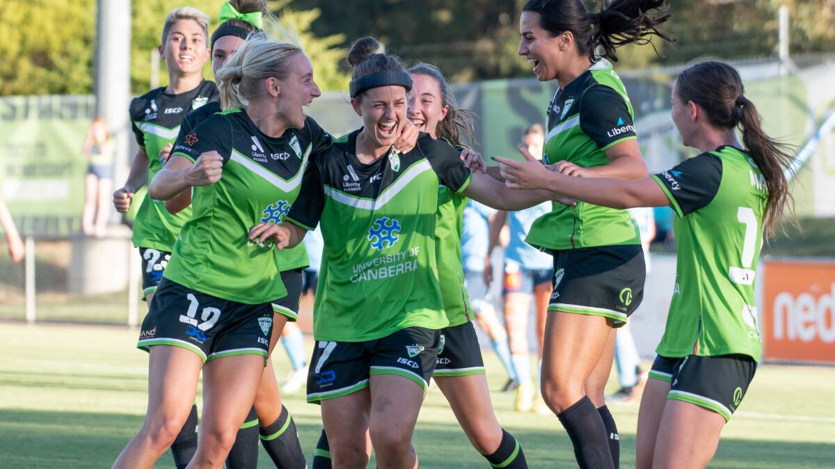 Canberra United's Ellie Brush celebrates a goal at McKellar Park. Picture by Elesa Kurtz