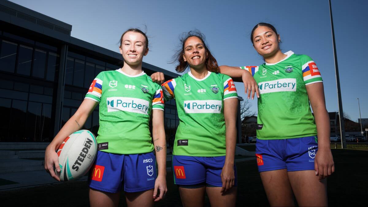 Raiders NRLW players Emma Barnes, Shakiah Tungai, and Monalisa Soliola. Picture by Sitthixay Ditthavong