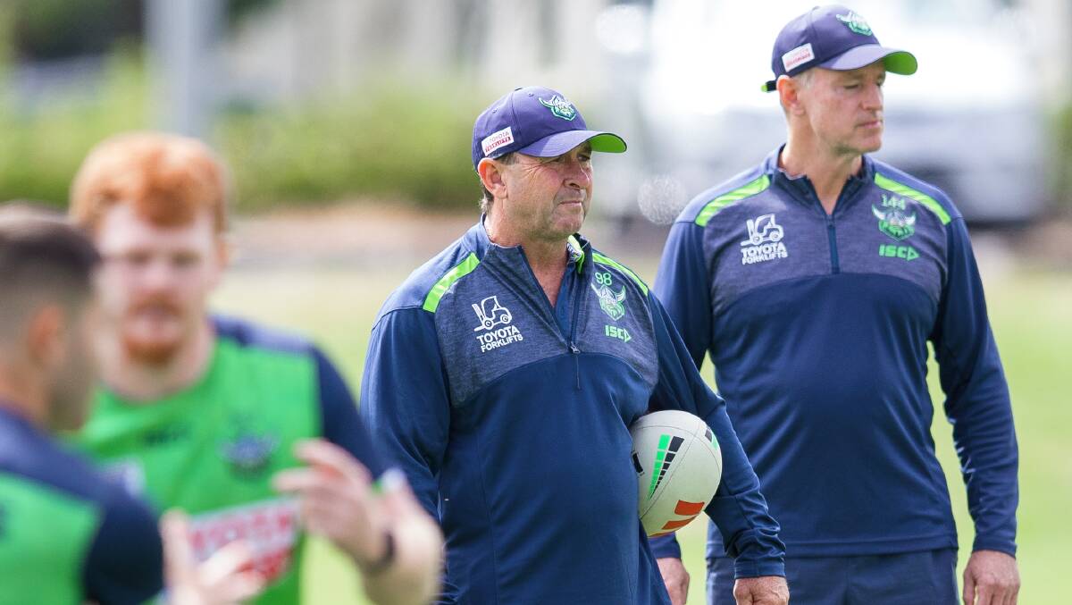 Raiders coach Ricky Stuart and coaching consultant Michael Maguire. Picture by Sitthixay Ditthavong