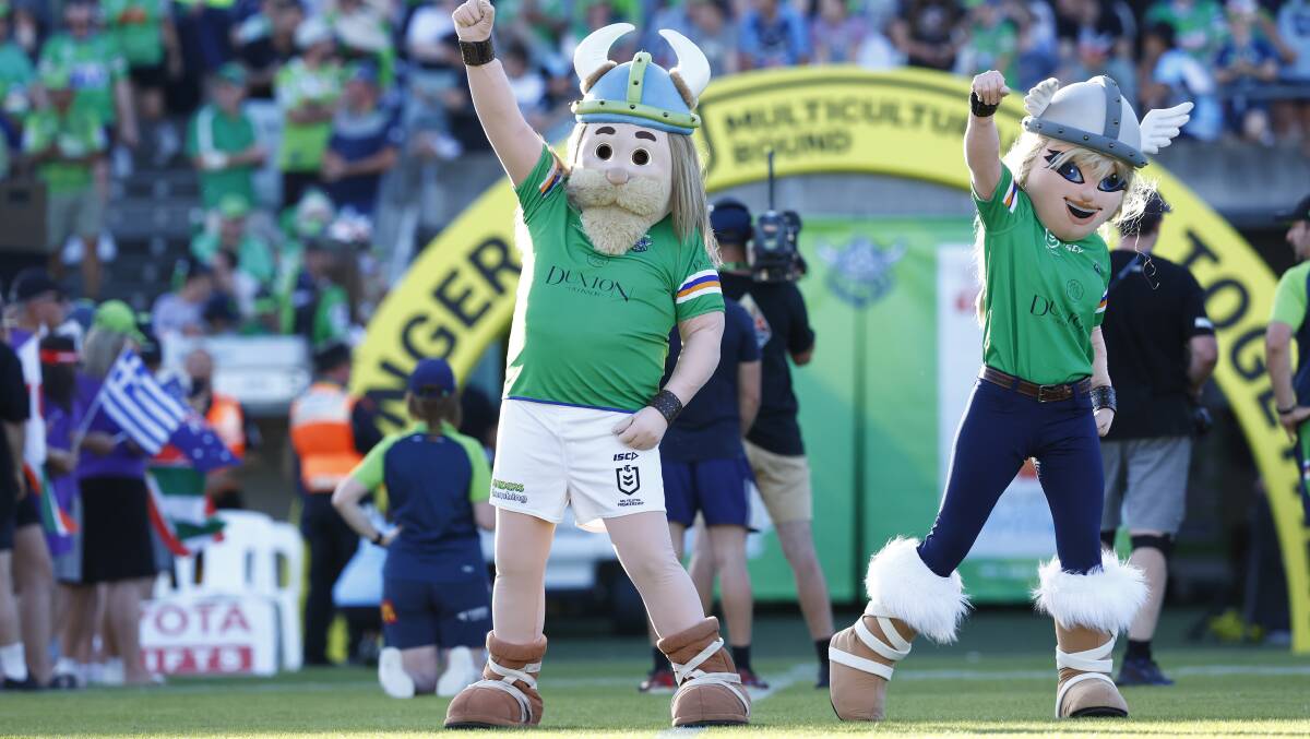 Canberra Raiders mascots Victor and Velma the Viking. Picture by Keegan Carroll