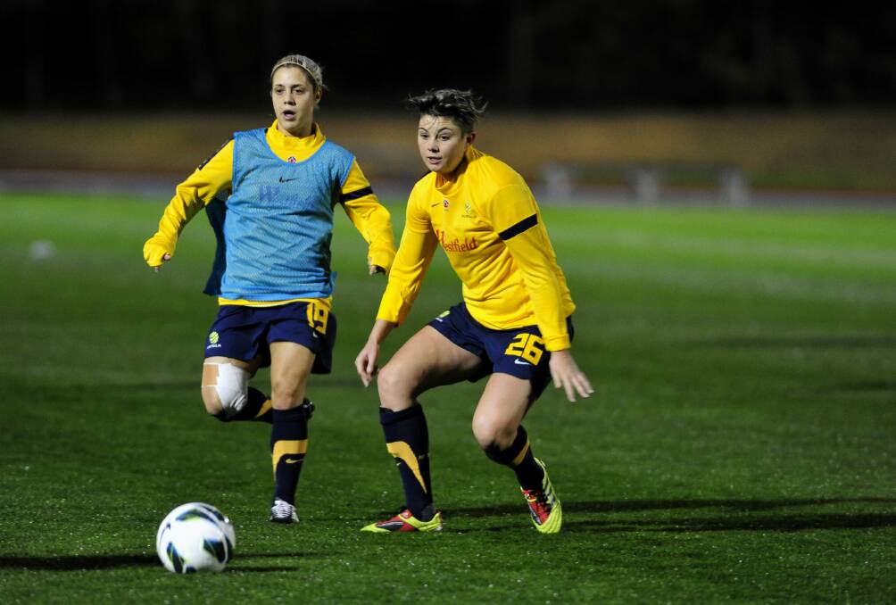 Heyman with Katrina Gorry in Matildas camp in 2013. Picture by Melissa Adams