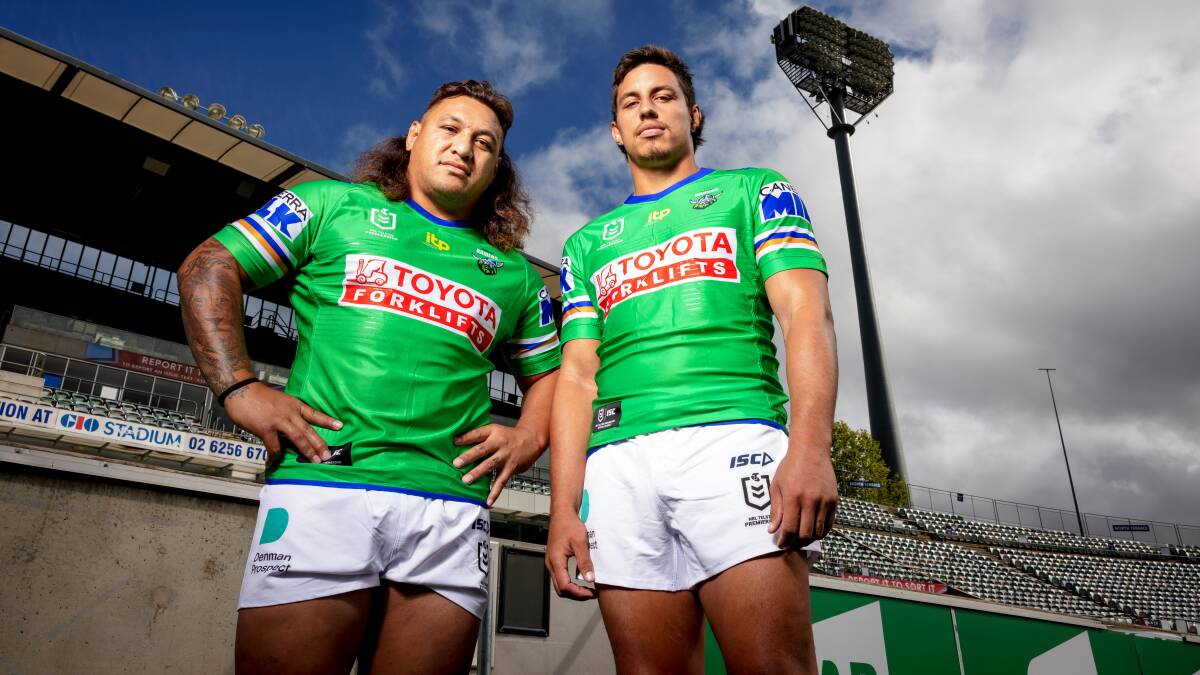 Canberra Raiders Josh Papalii and Joe Tapine. Picture: Sitthixay Ditthavong.