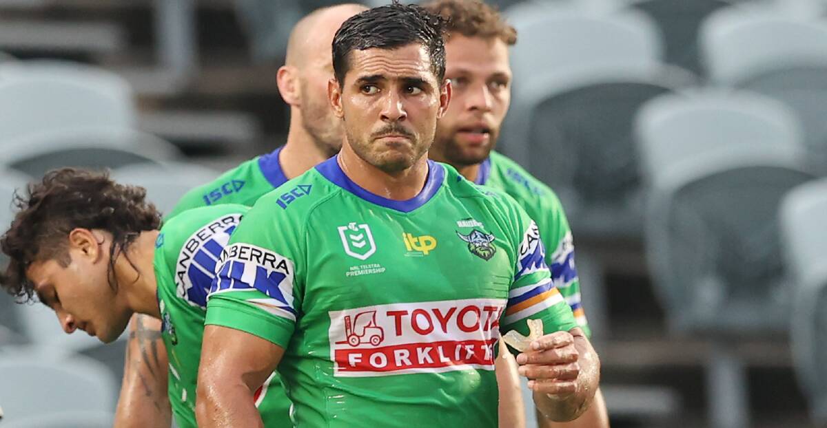 Jamal Fogarty looks on during the NRL trial between the Sea Eagles and Raiders. Picture: Getty Images