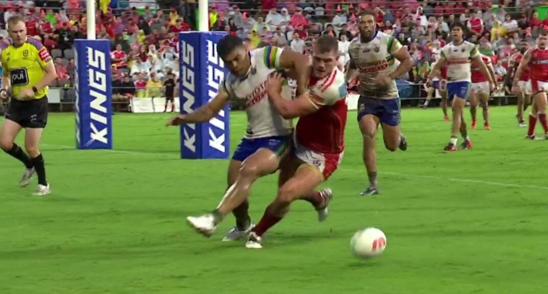 Matt Timoko and Tom Gilbert fight to get to the ball. Picture NRL