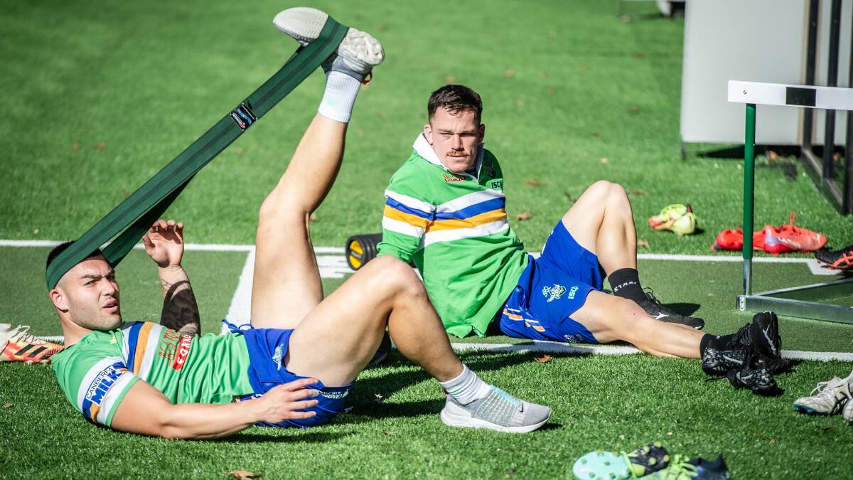 Nick Cotric and Tom Starling at Raiders training. Picture: Karleen Minney