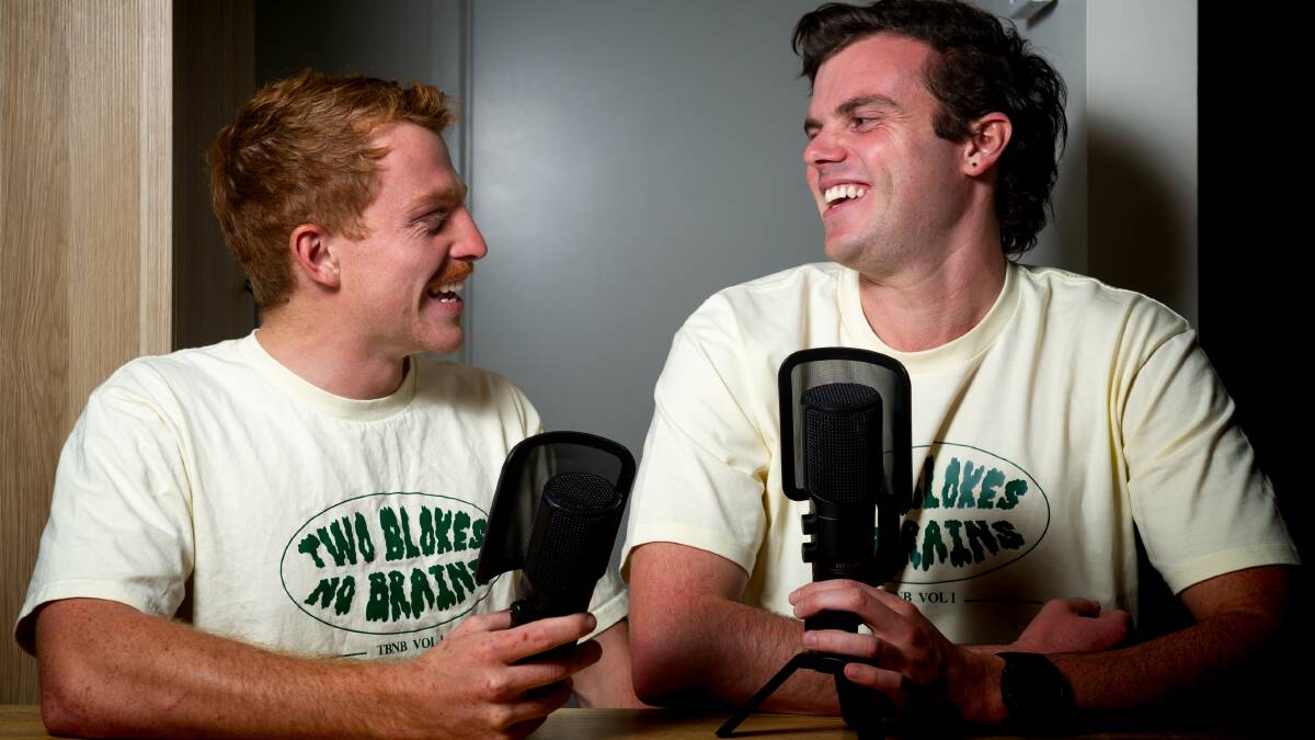 Jakob Wiley and Harry Muir record their podcast Two Blokes No Brains. Picture: Elesa Kurtz