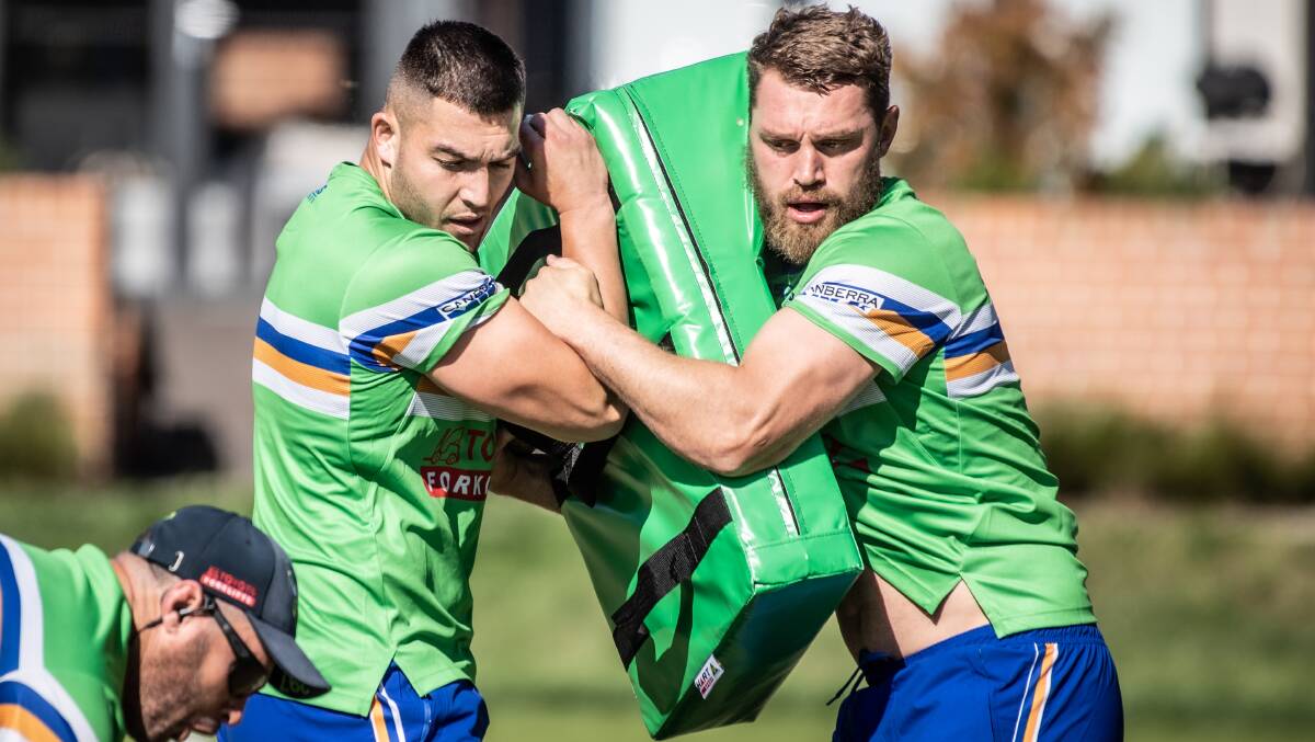 Nick Cotric (left) and Elliott Whitehead at Raiders training. Picture: Karleen Minney.