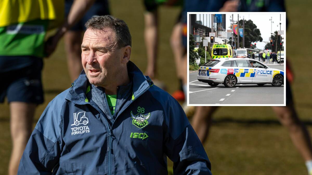 Raiders coach Ricky Stuart and, inset New Zealand Police attend the Auckland shooting. Pictures Gary Ramage, Getty Images