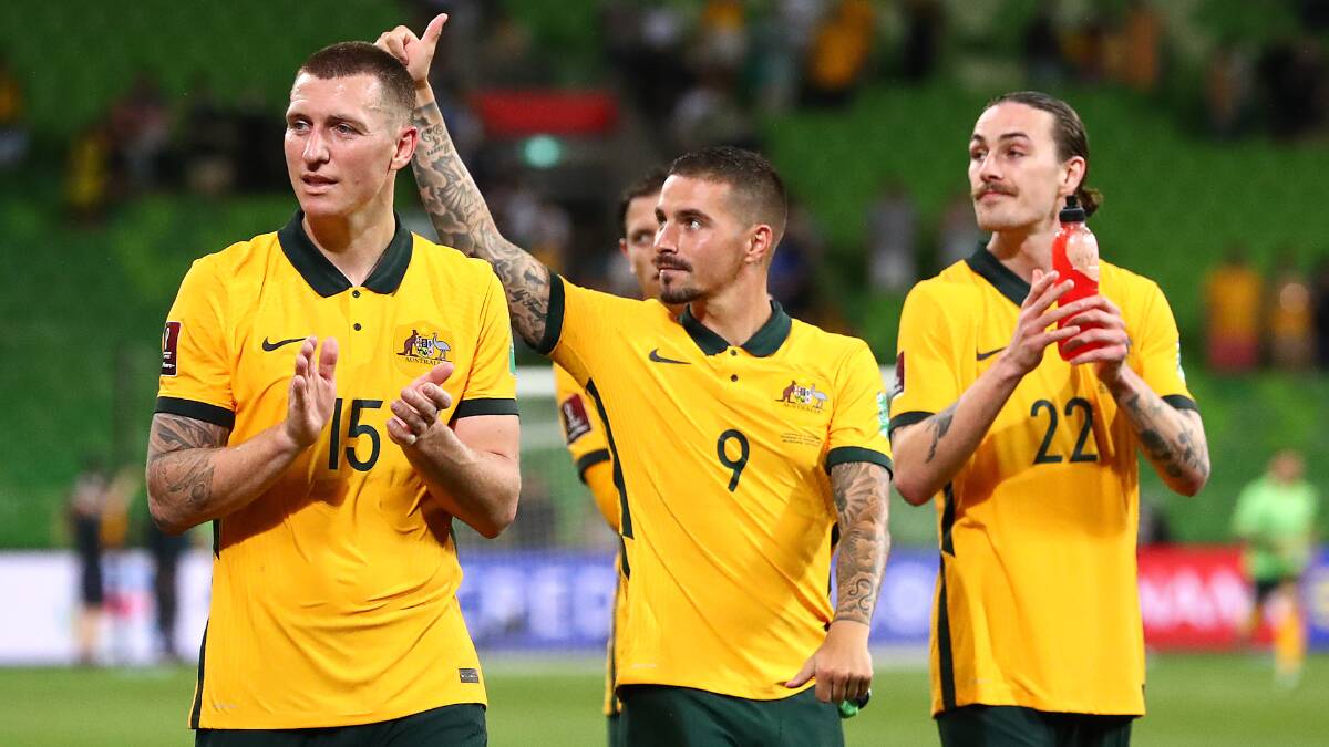Mitch Duke, Jamie Maclaren and Jackson Irvine. Picture Getty Images