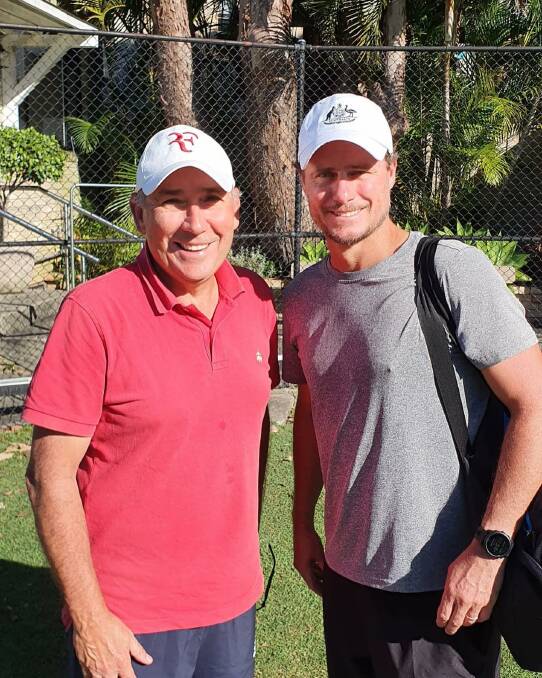 Hunters Hill Lawn Tennis Club president Alf Cocco with Lleyton Hewitt after a session with Nick Kyrgios. Picture: Supplied