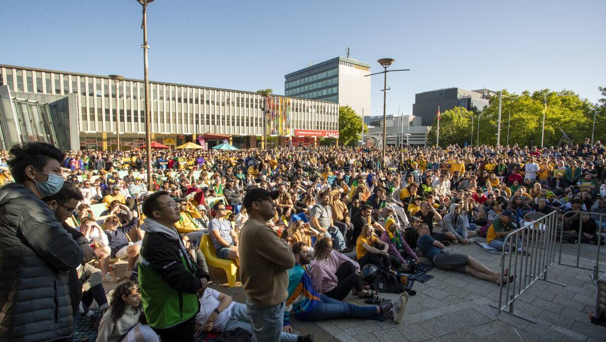 A huge crowd of Canberra soccer fans pack into Civic to watch the 2022 World Cup. Picture by Keegan Carroll
