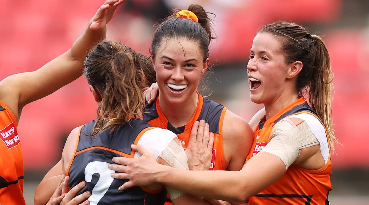 Former Belconnen player Emily Pease of the Giants celebrates a goal this season. Picture: Getty Images