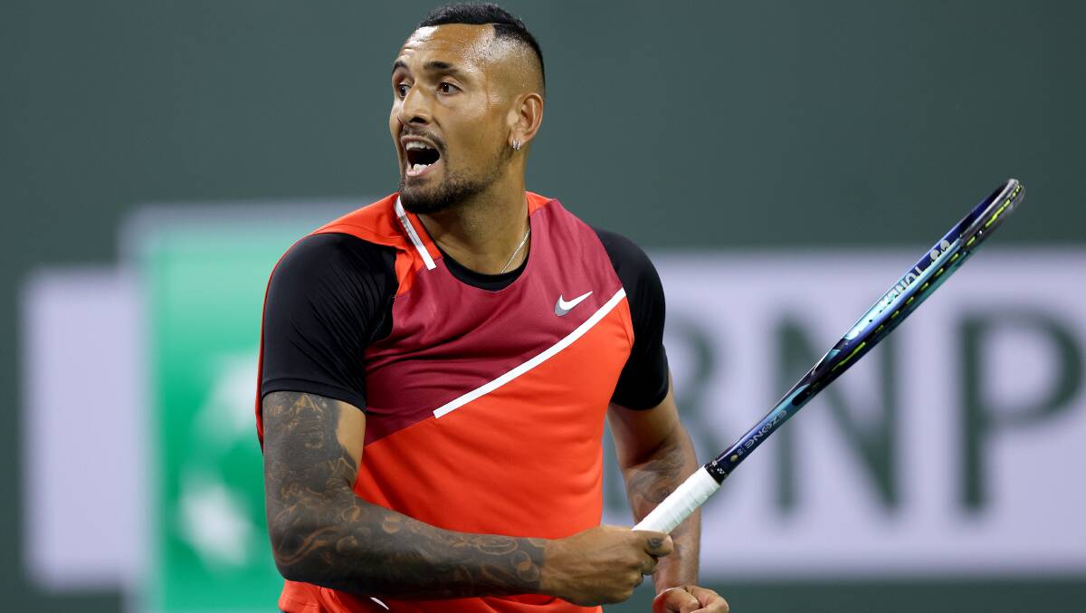 Nick Kyrgios returns a shot to Casper Ruud during the BNP Paribas Open at Indian Wells. Picture: Getty Images