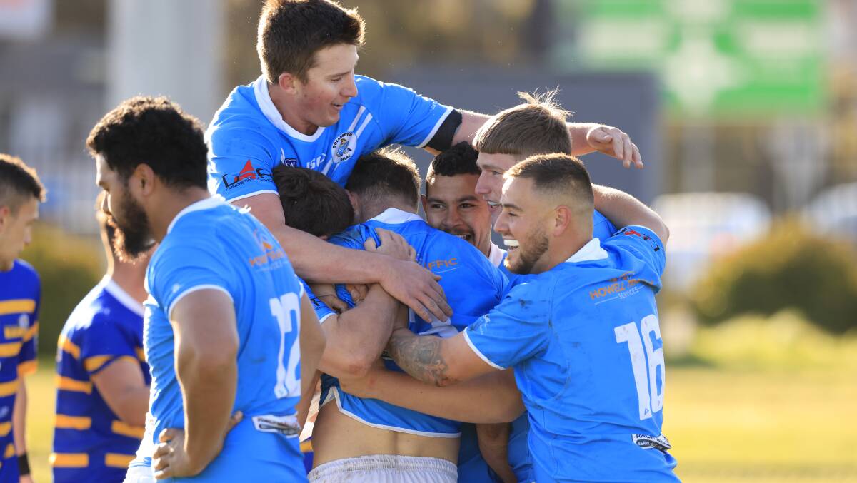 Queanbeyan Blues celebrates after scoring. Picture by Keegan Carroll