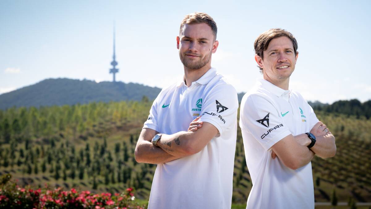 Socceroos Nathaniel Atkinson and Craig Goodwin in Canberra. Picture by Elesa Kurtz