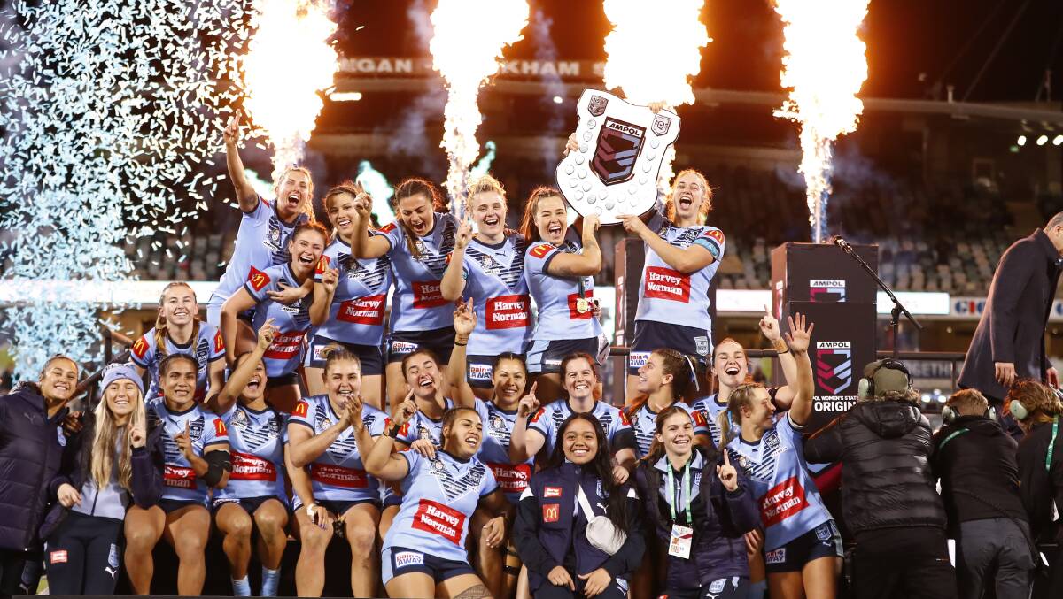 NSW celebrates after winning the Women's State of Origin shield. Picture: Keegan Carroll